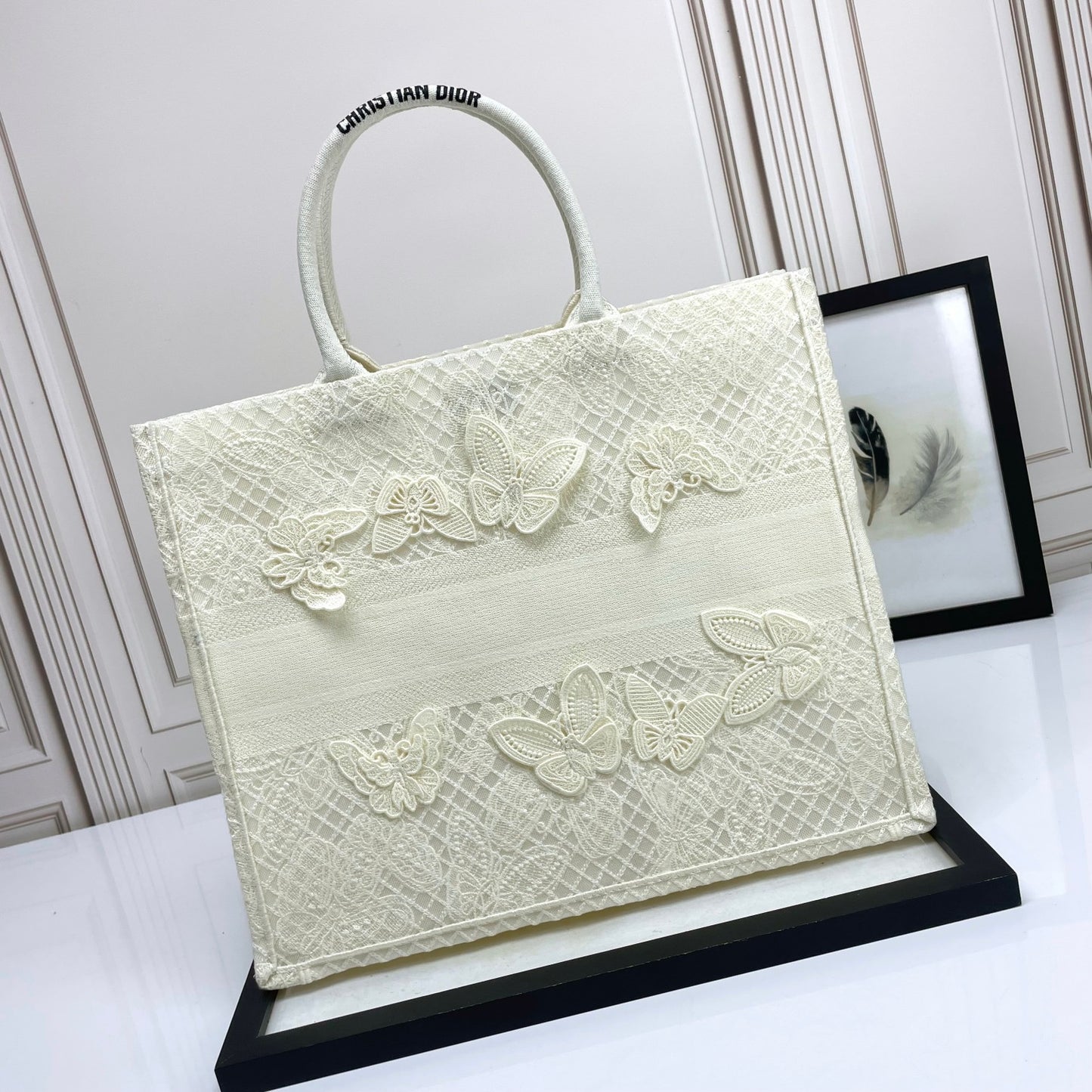 Christian Dior White Butterfly Embroidered Book Tote Handbag