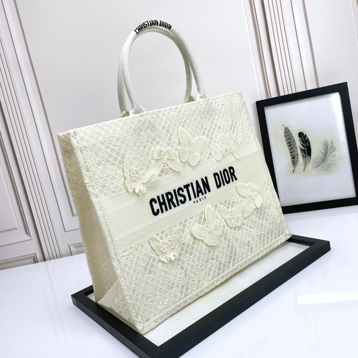 Christian Dior White Butterfly Embroidered Book Tote Handbag