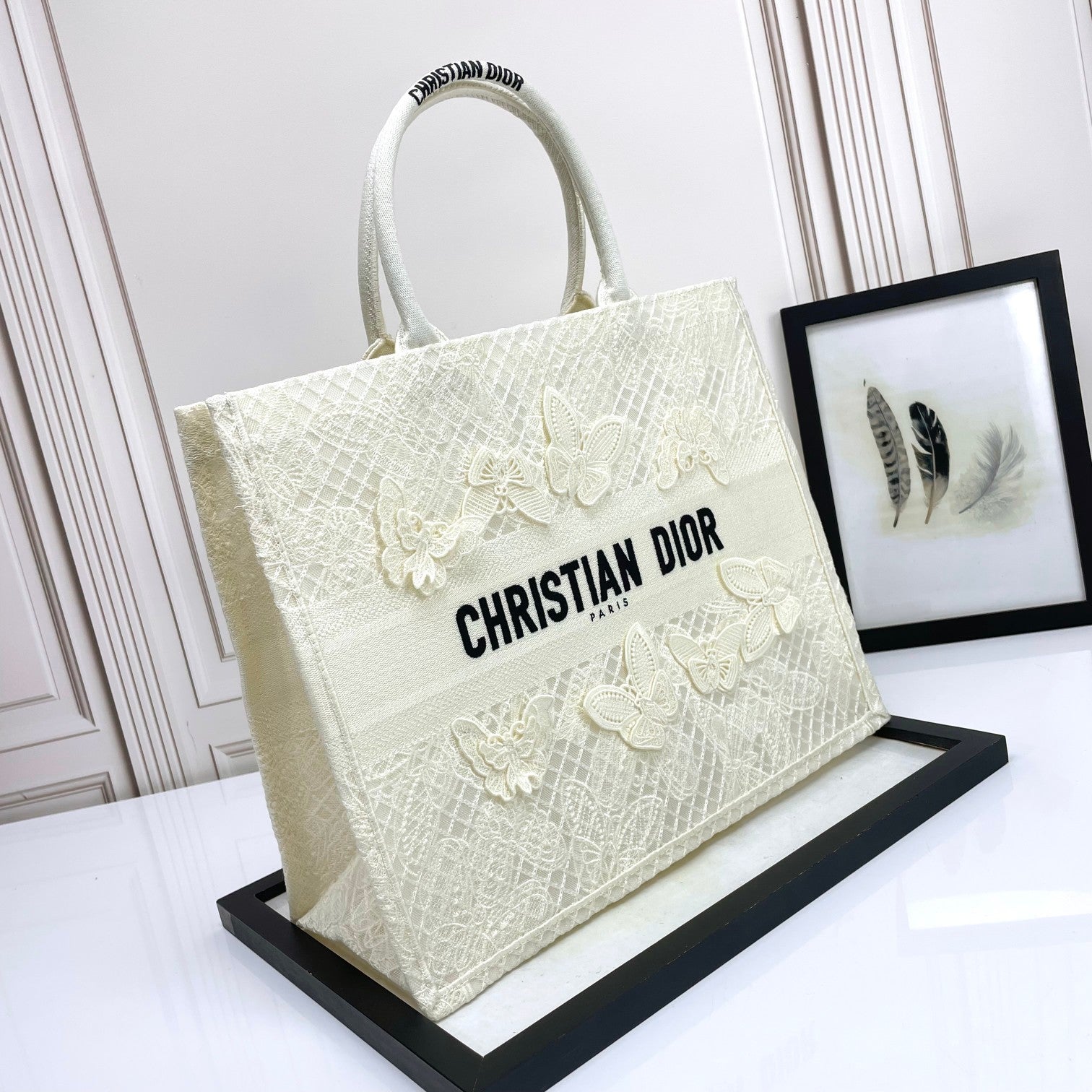 Christian Dior White Butterfly Embroidered Book Tote Handbag