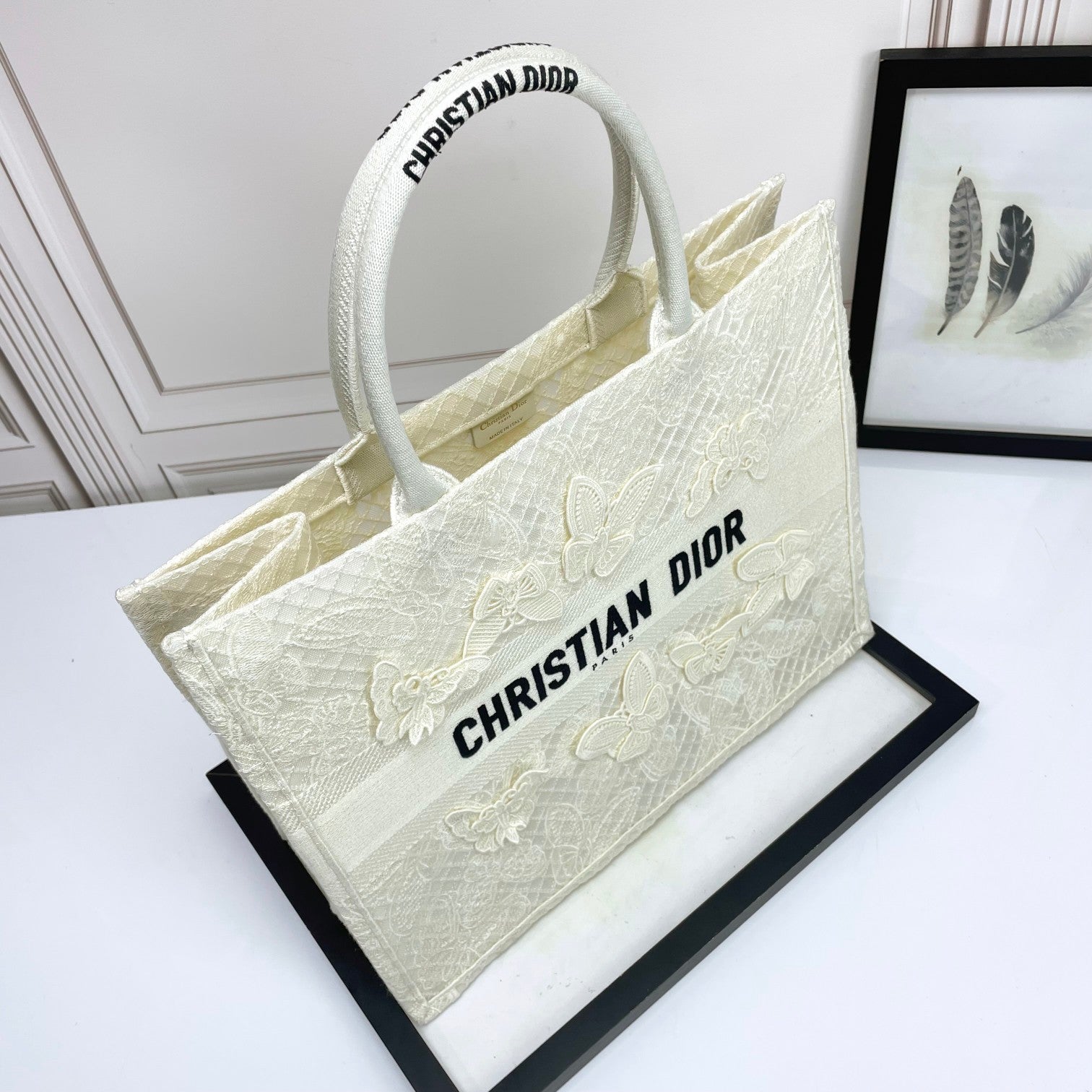 Christian Dior White Butterfly Embroidered Book Tote Handbag