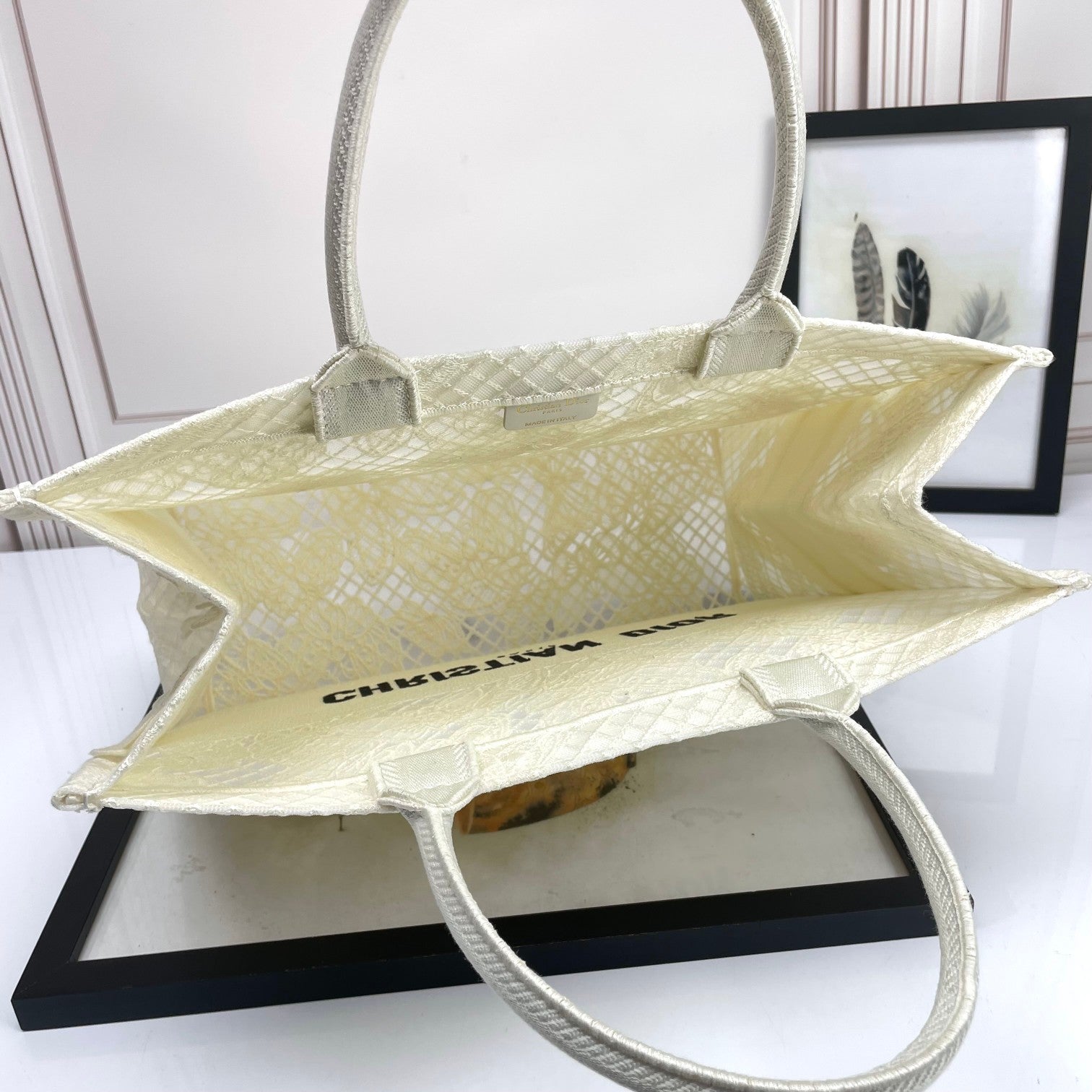 Christian Dior White Butterfly Embroidered Book Tote Handbag