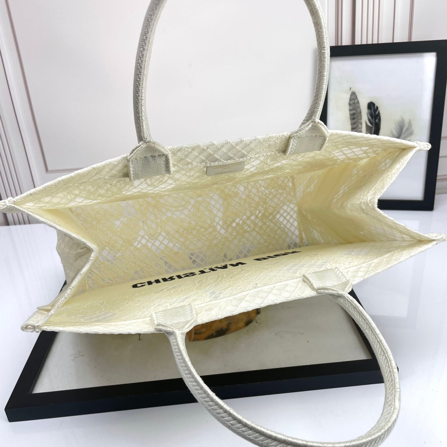 Dior Elegant Off-White Canvas Tote Bag with Butterfly Embroidery
