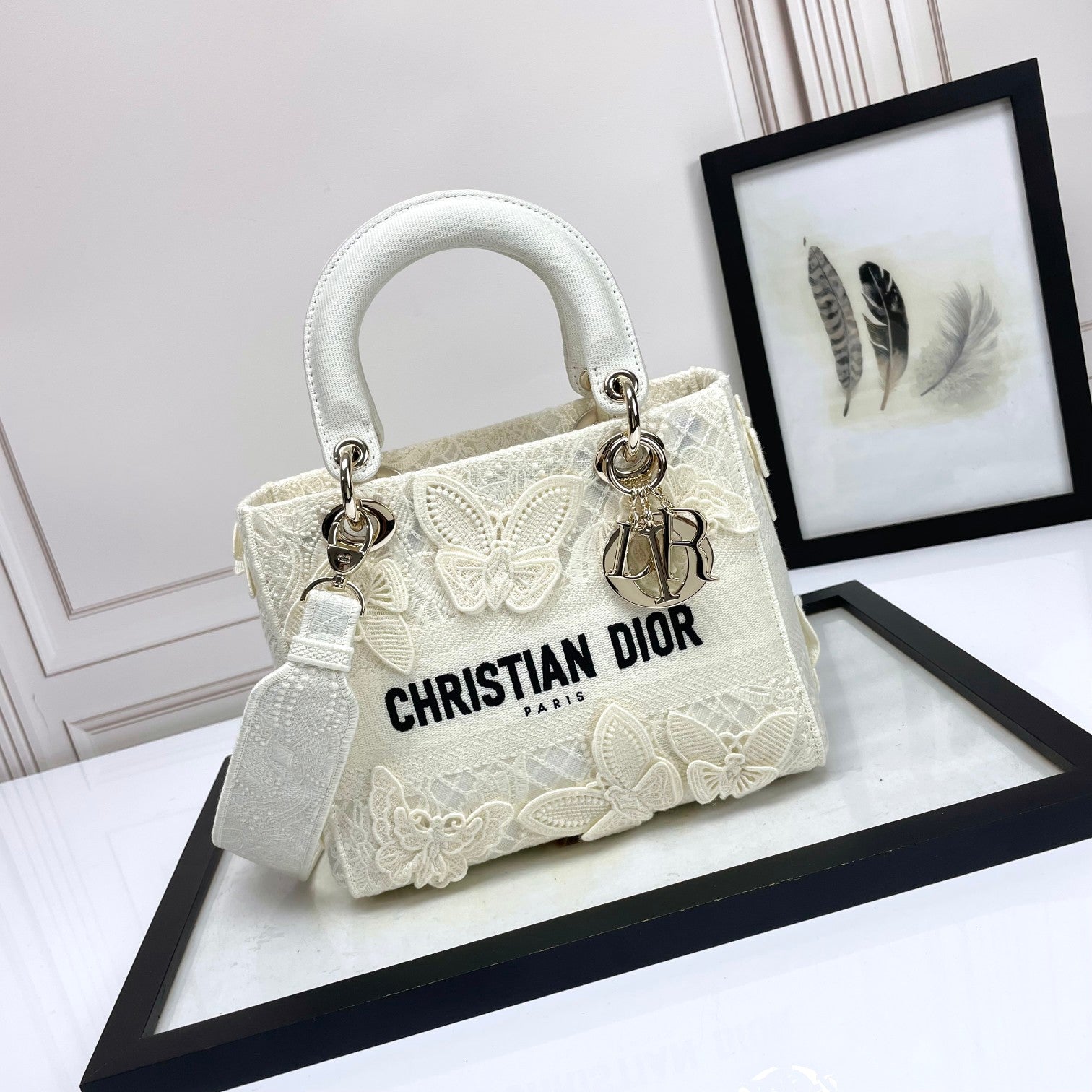 Christian Dior White Lady D-Lite Handbag with Butterfly Embroidery and Shoulder Strap