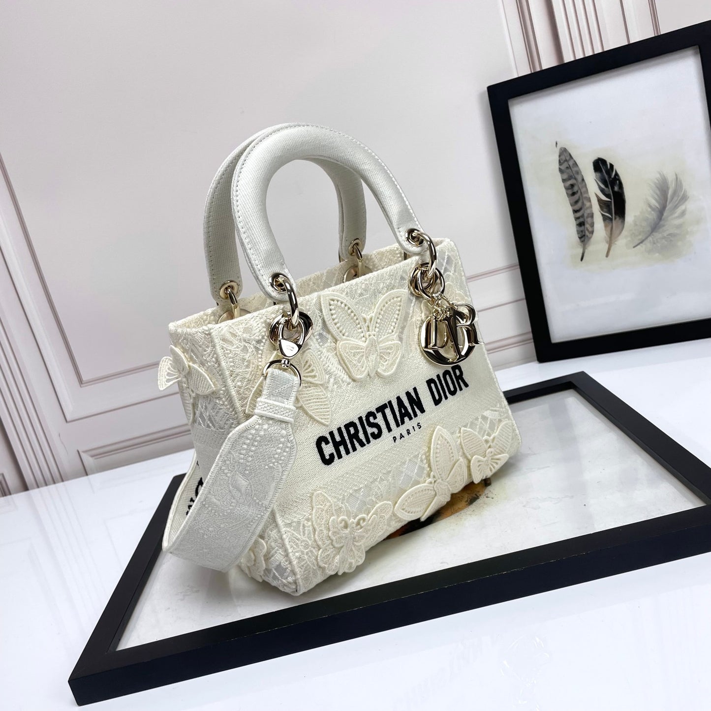 Christian Dior White Lady D-Lite Handbag with Butterfly Embroidery and Shoulder Strap