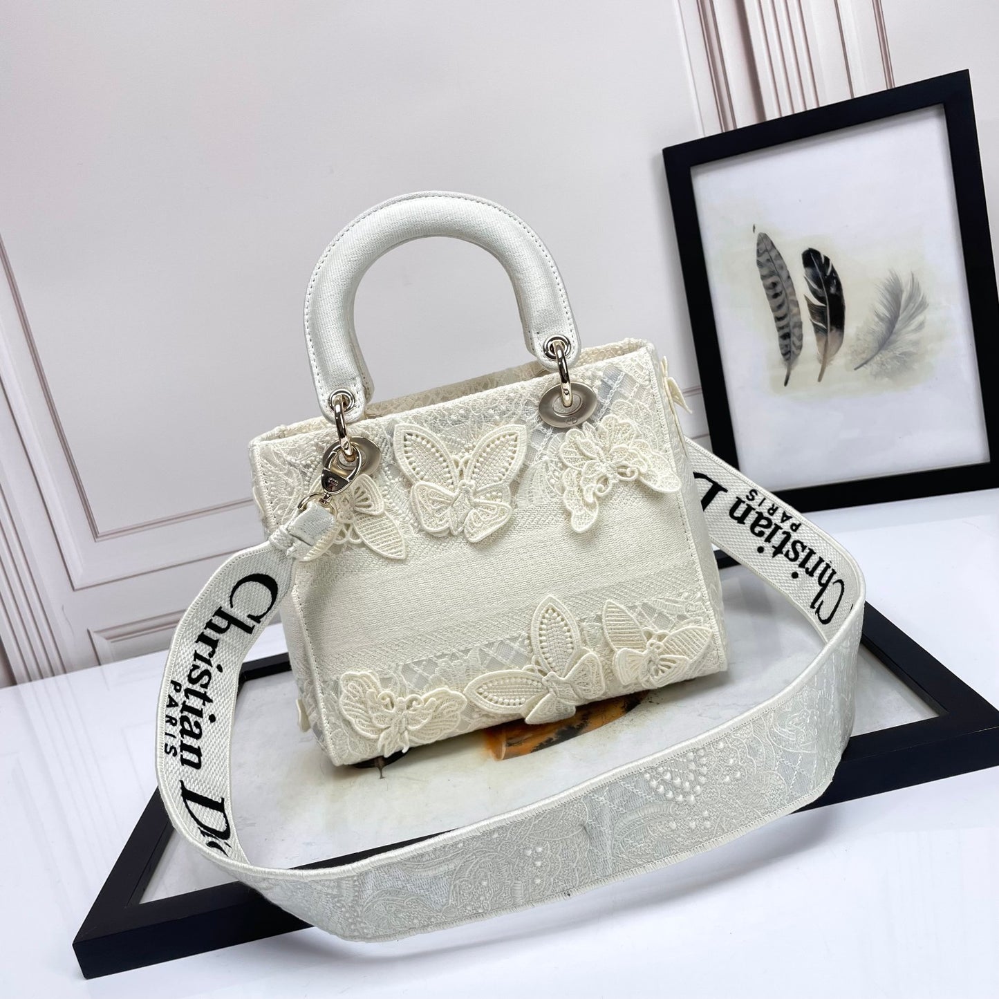 Christian Dior Lady D-Lite Bag White Butterfly Embroidery