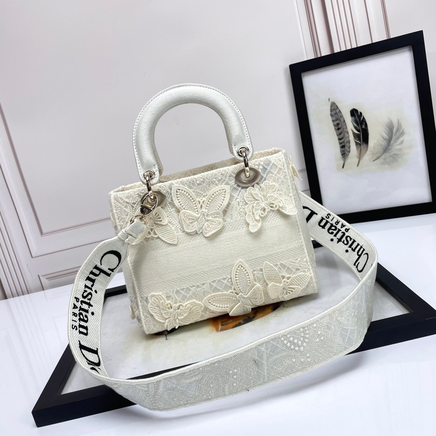 Christian Dior White Lady D-Lite Handbag with Butterfly Embroidery and Shoulder Strap