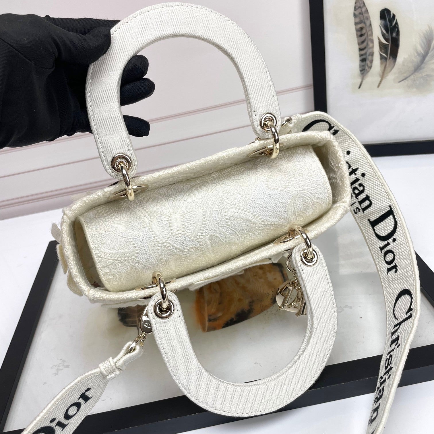 Dior Elegant White Butterfly Embroidered Top Handle Handbag