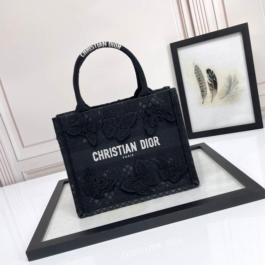 Christian Dior Small Book Tote Bag in Black Embroidered Canvas with Butterflies