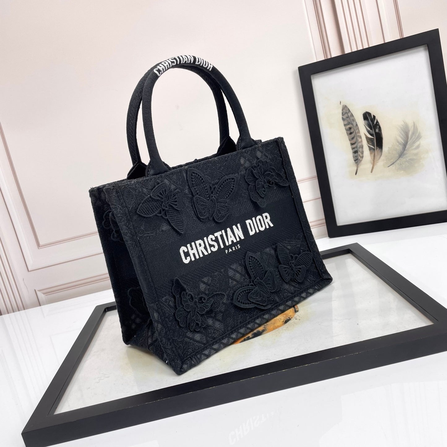 Christian Dior Small Book Tote Bag in Black Embroidered Canvas with Butterflies