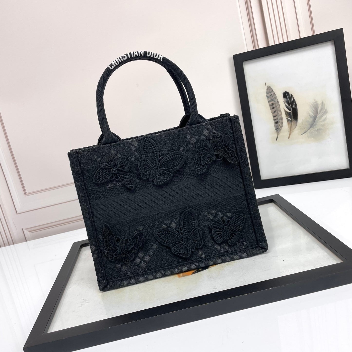 Christian Dior Small Book Tote Bag in Black Embroidered Canvas with Butterflies