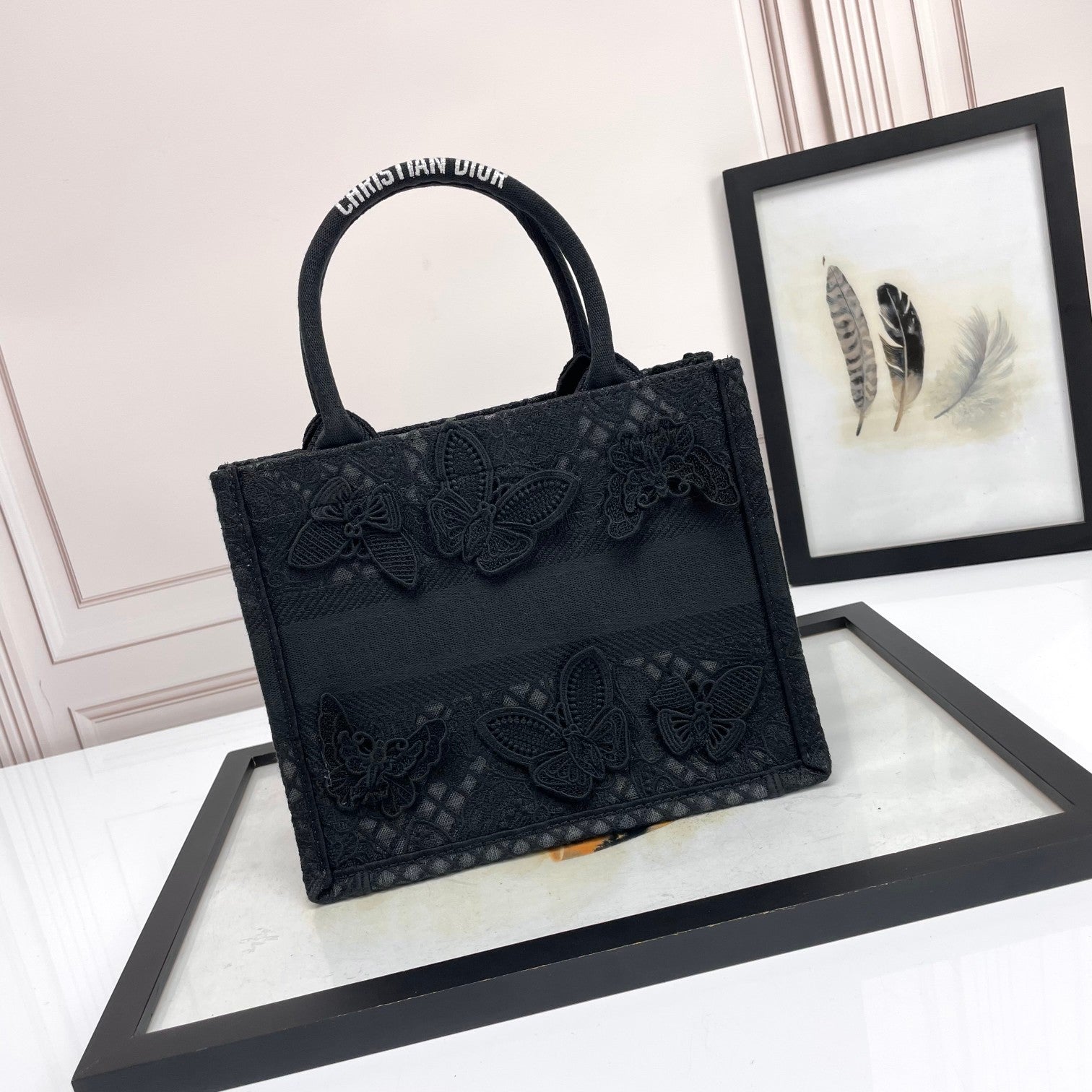Christian Dior Small Book Tote Bag in Black Embroidered Canvas with Butterflies