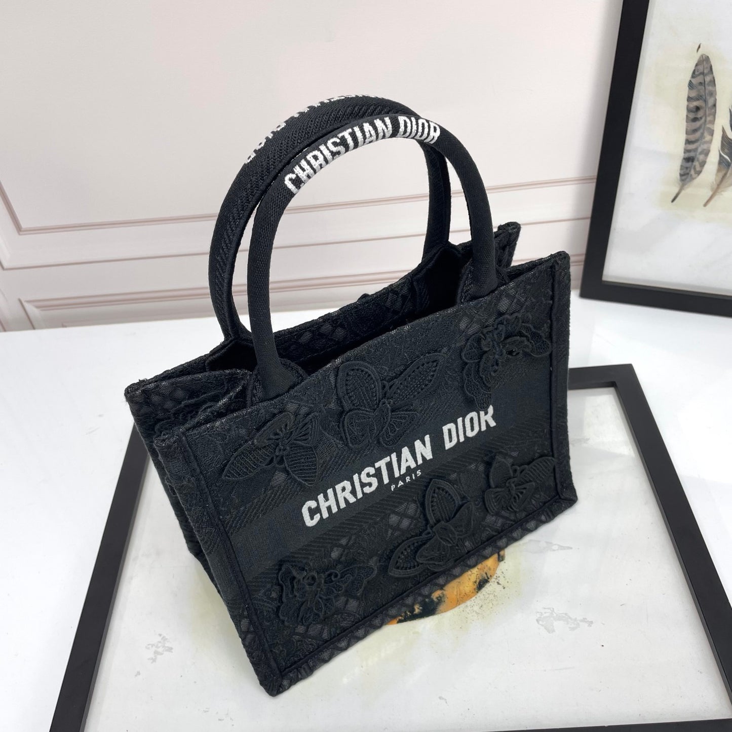 Dior Elegant Black Canvas Tote Bag with Embroidered Butterfly Detail