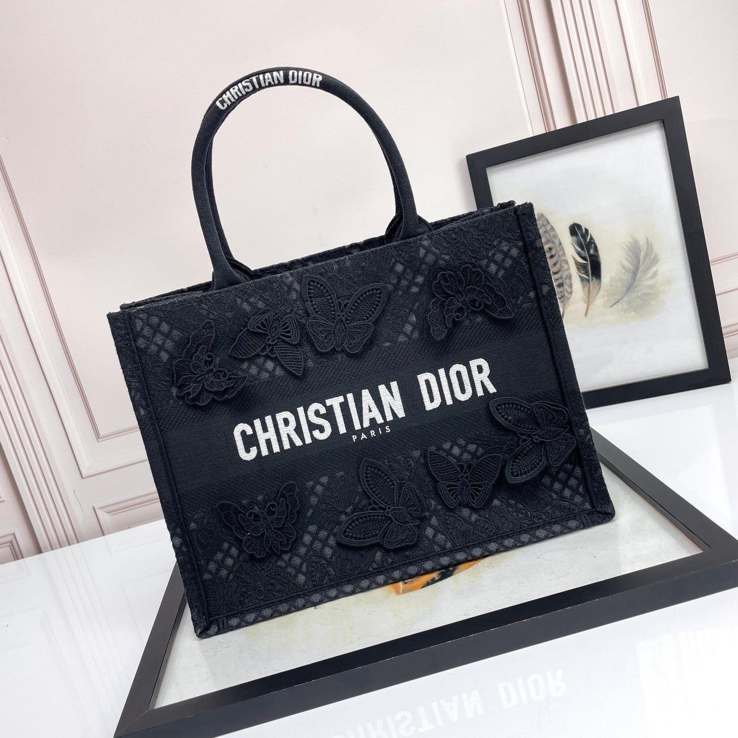 Christian Dior Black Butterfly Embroidered Canvas Book Tote Bag