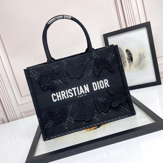 Christian Dior Black Butterfly Embroidered Canvas Book Tote Bag