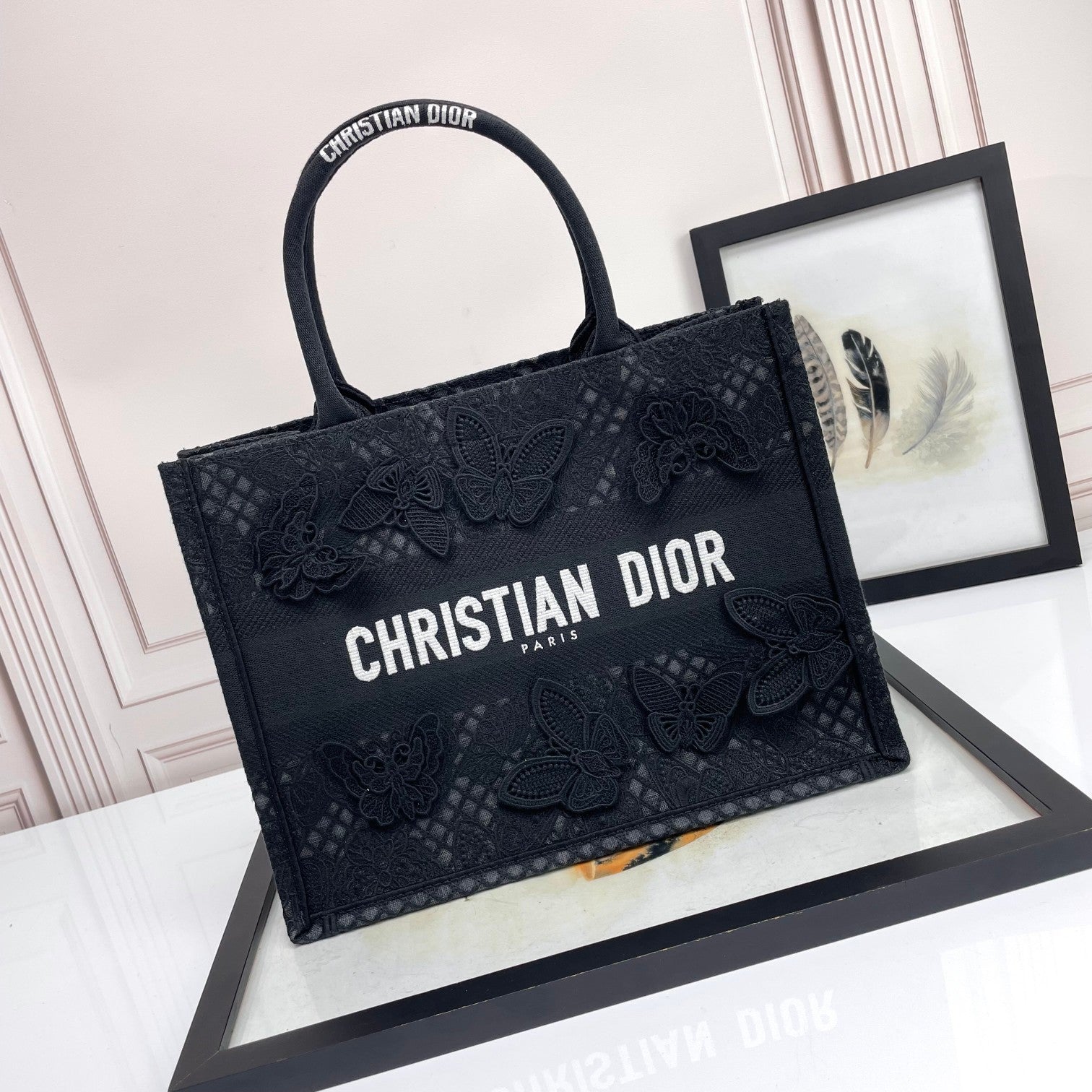 Christian Dior Black Embroidered Butterfly Book Tote Bag
