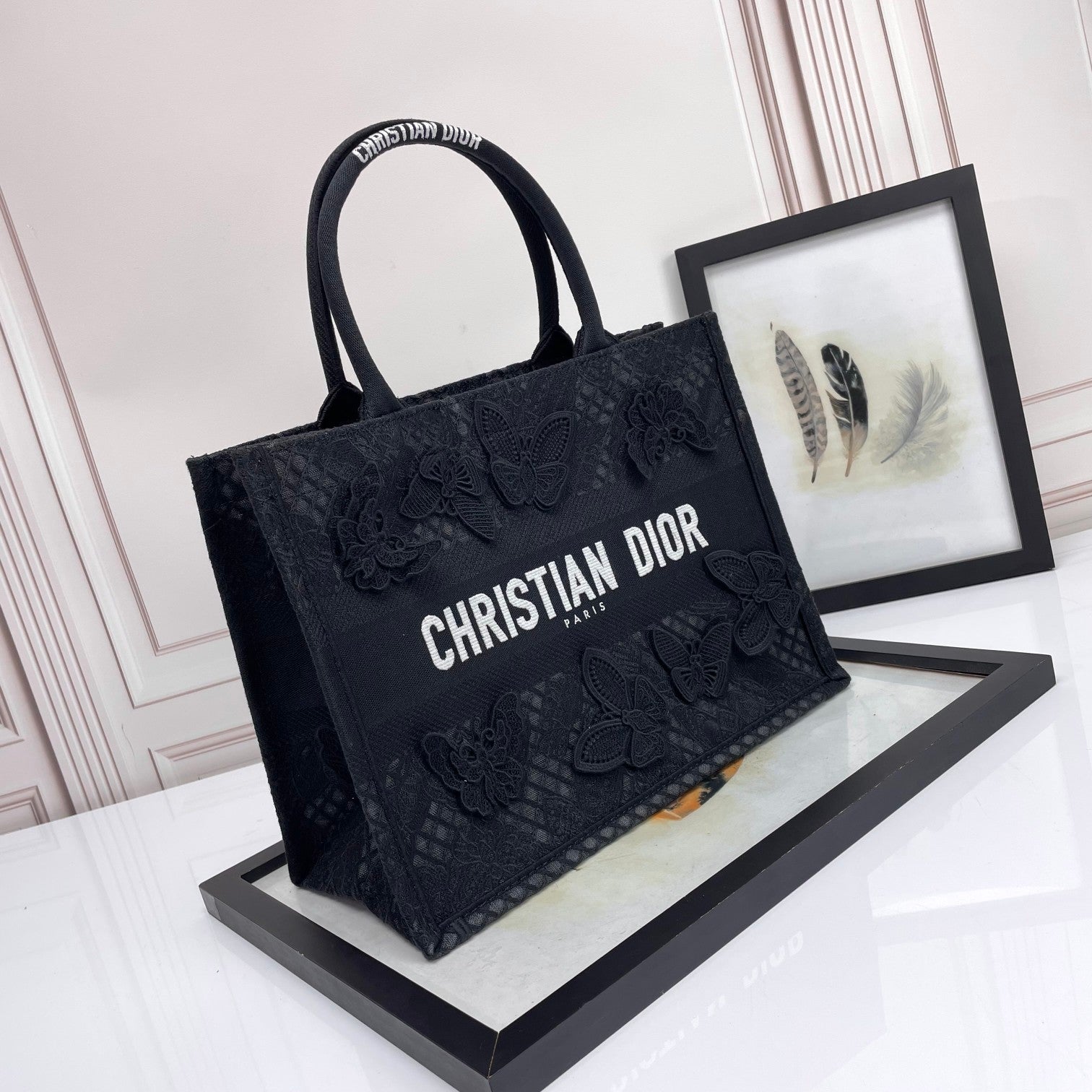 Christian Dior Black Butterfly Embroidered Canvas Book Tote Bag