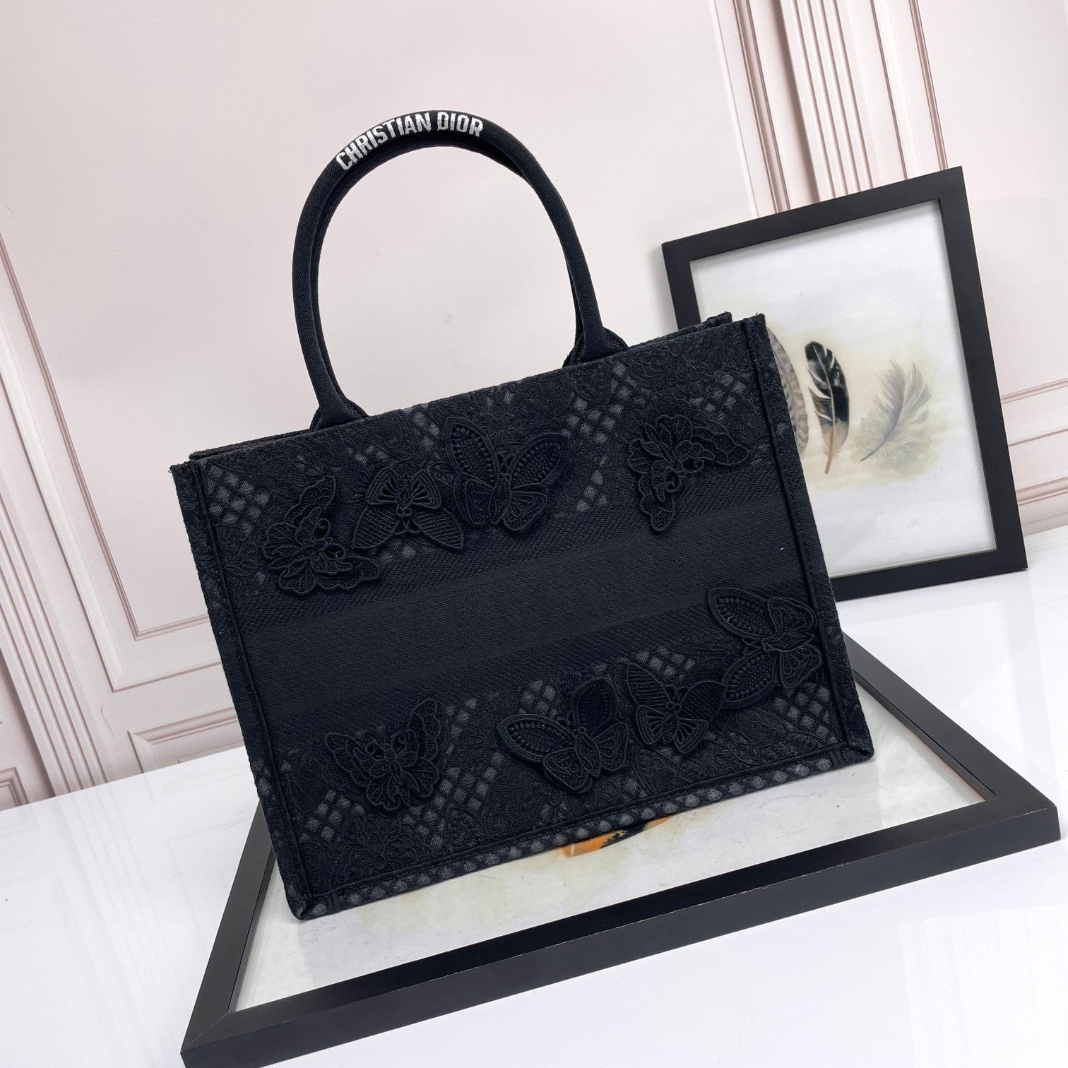 Christian Dior Black Embroidered Butterfly Book Tote Bag