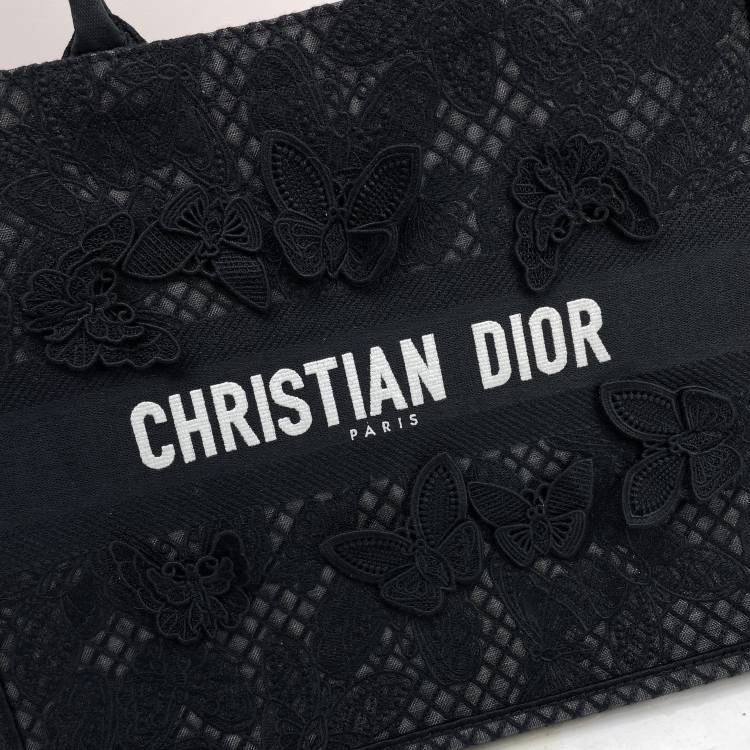 Christian Dior Black Butterfly Embroidered Canvas Book Tote Bag