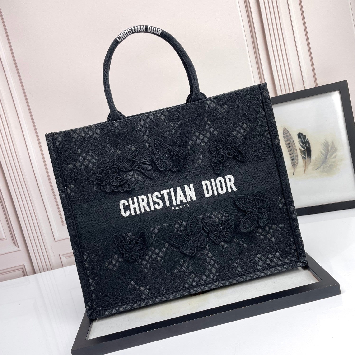 Christian Dior Black Butterfly Embroidered Book Tote Bag