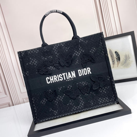 Christian Dior Black Butterfly Embroidered Book Tote Bag