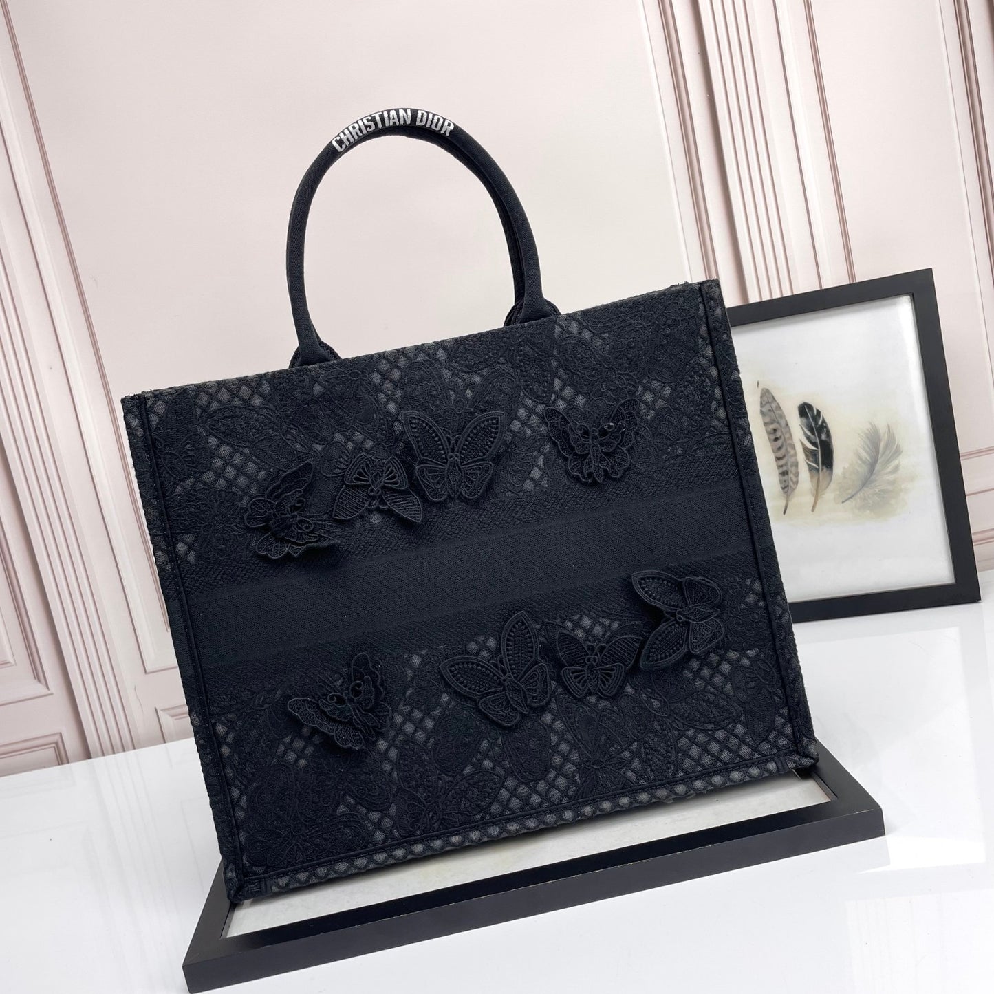 Christian Dior Black Butterfly Embroidered Book Tote Bag
