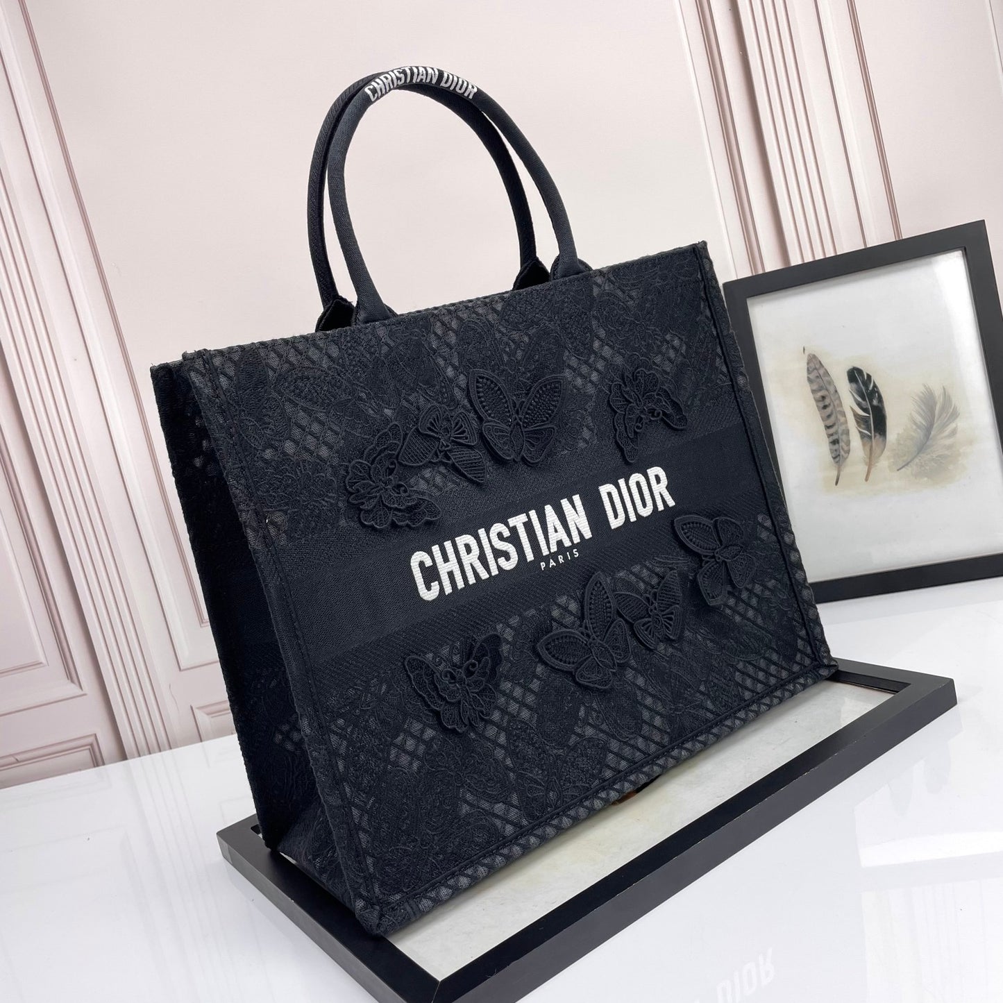 Christian Dior Black Butterfly Embroidered Book Tote Bag