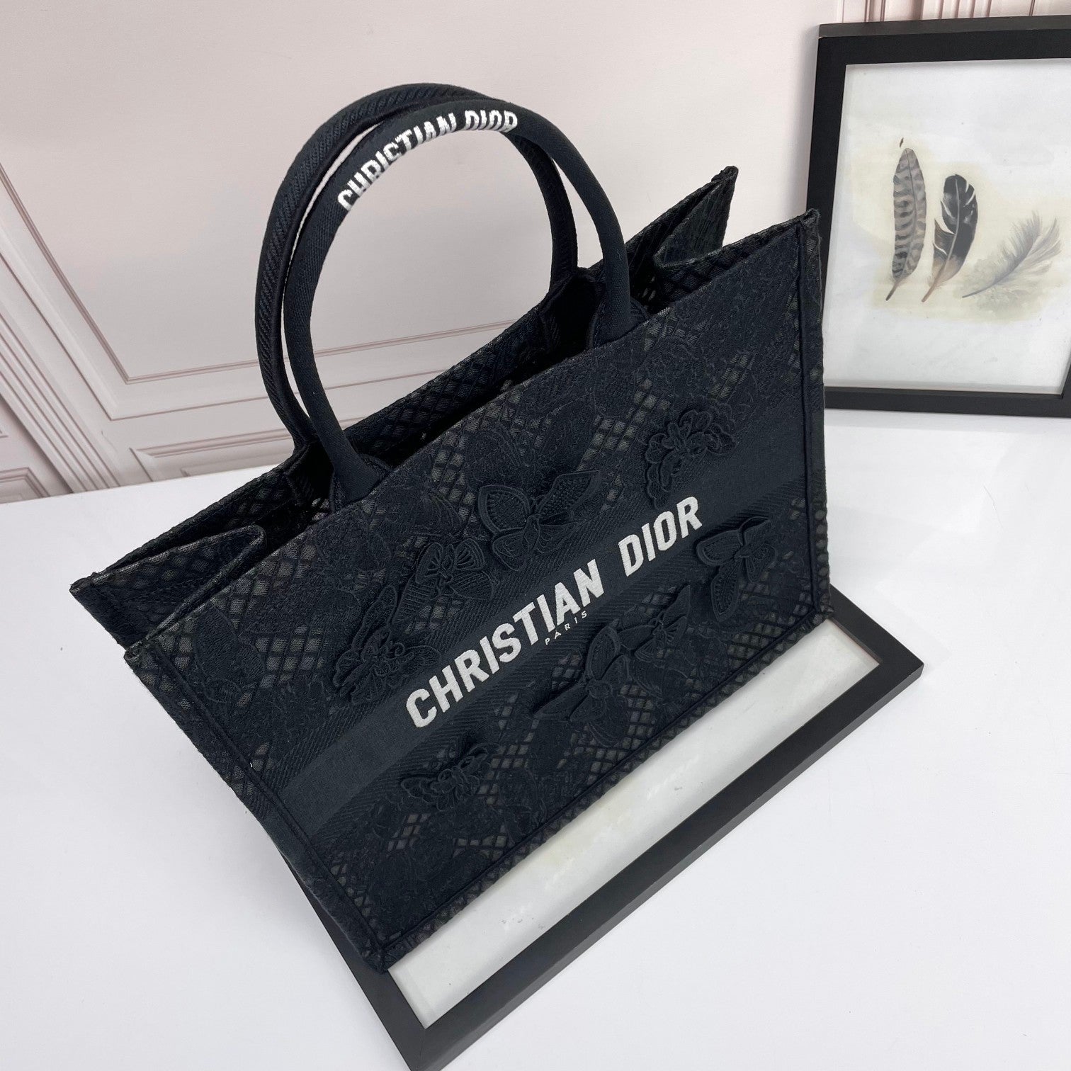 Christian Dior Black Butterfly Embroidered Book Tote Bag