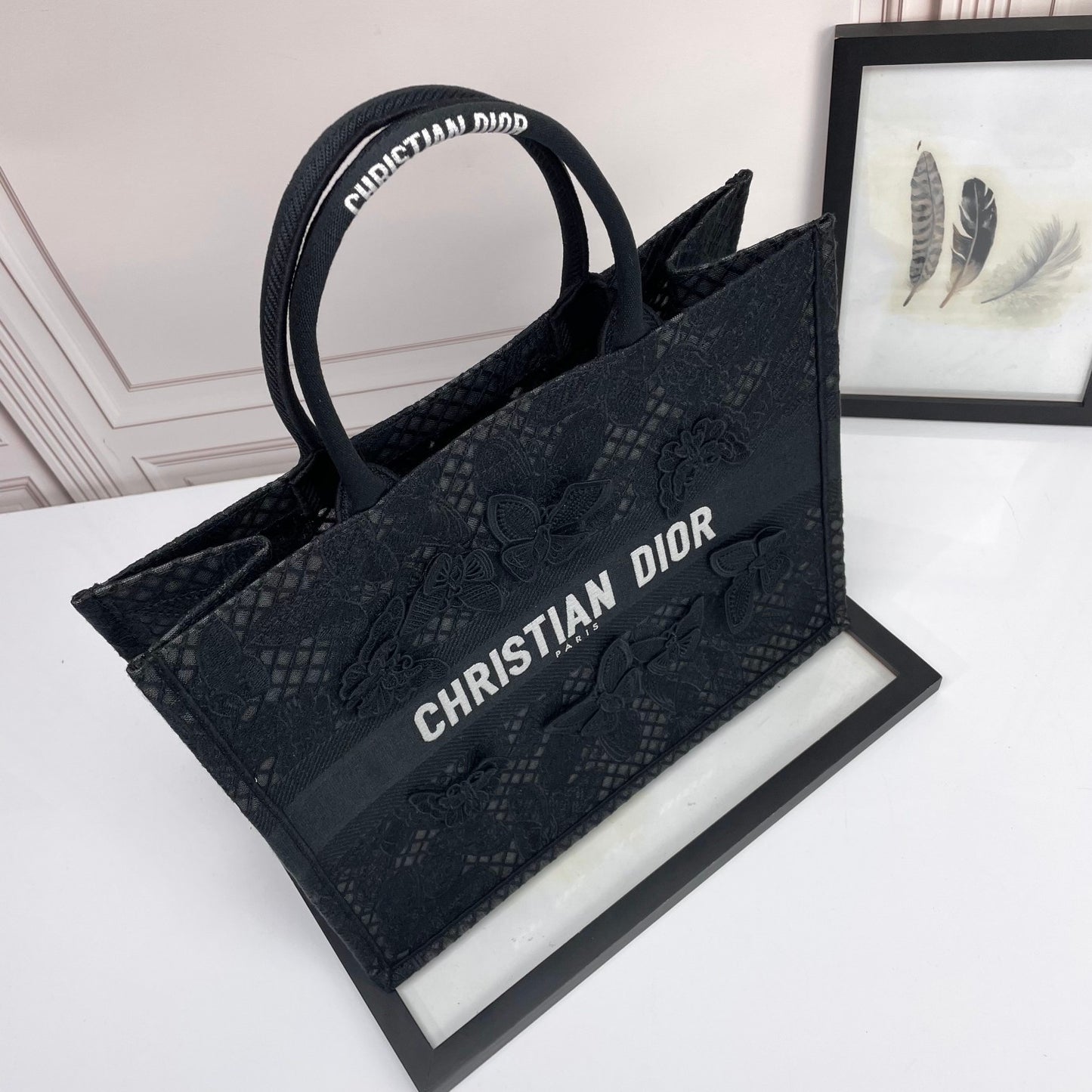 Dior Elegant Black Canvas Tote Bag with Butterfly Lace Embroidery