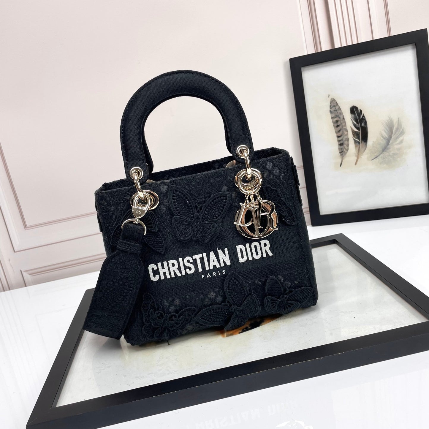 Christian Dior Black Lady D-Lite Embroidered Canvas Bag