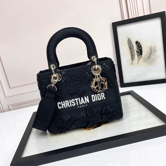 Christian Dior Black Lady D-Lite Embroidered Canvas Bag
