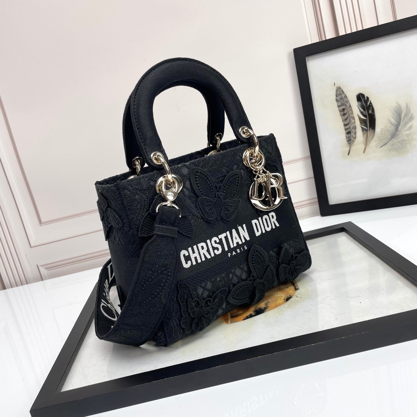 Christian Dior Black Lady D-Lite Embroidered Canvas Bag