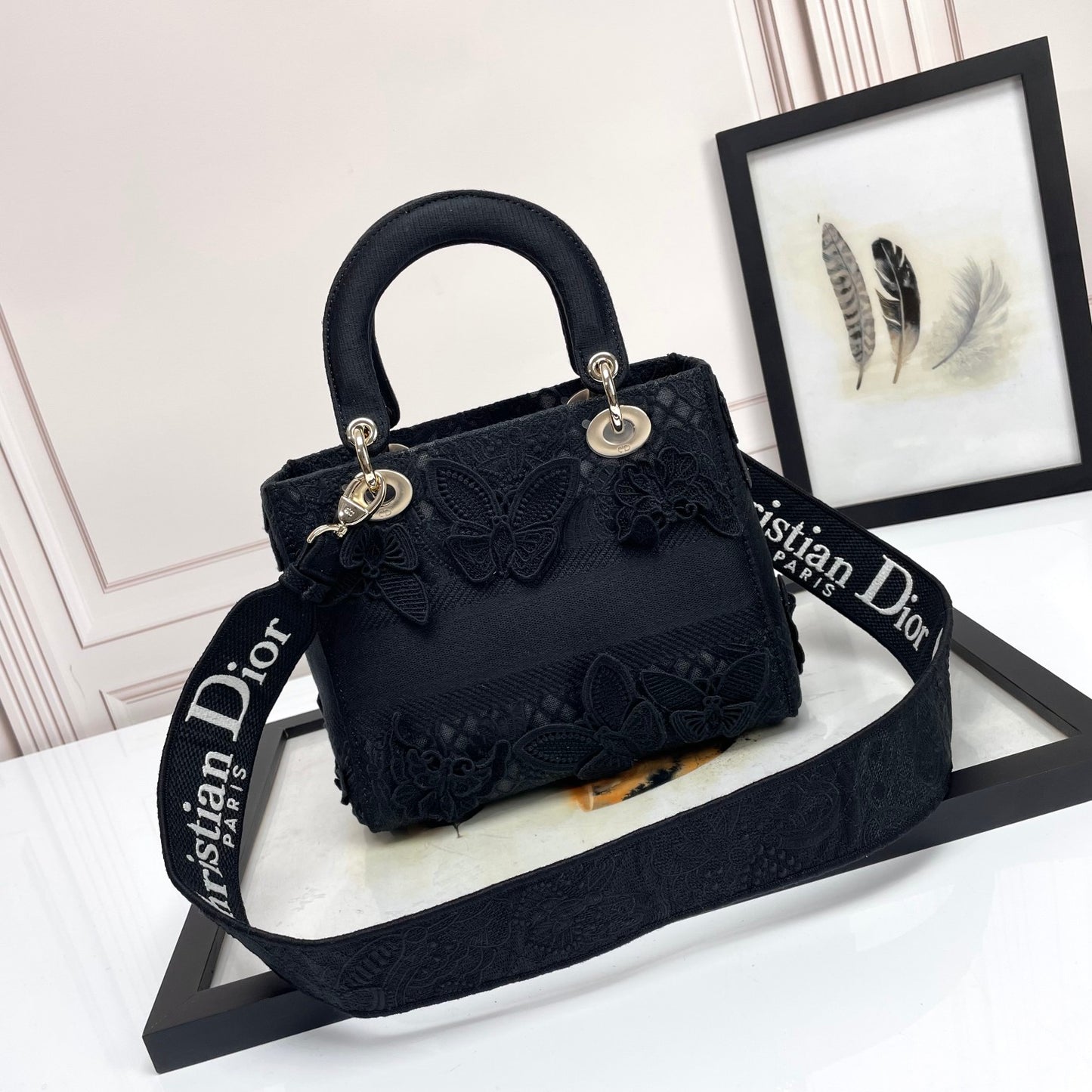 Christian Dior Lady Lite Black Floral Embroidered Handbag