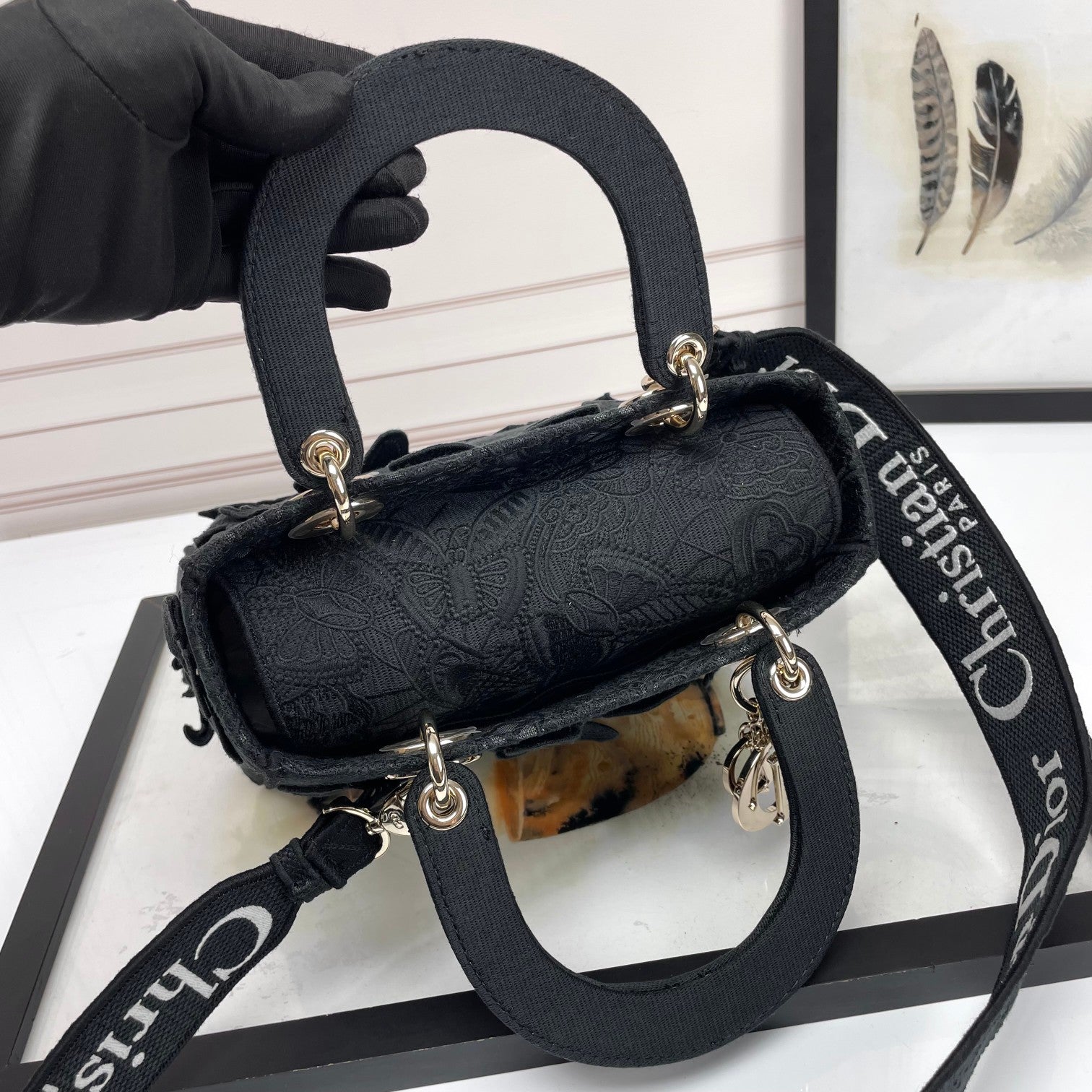 Christian Dior Lady Lite Black Floral Embroidered Handbag