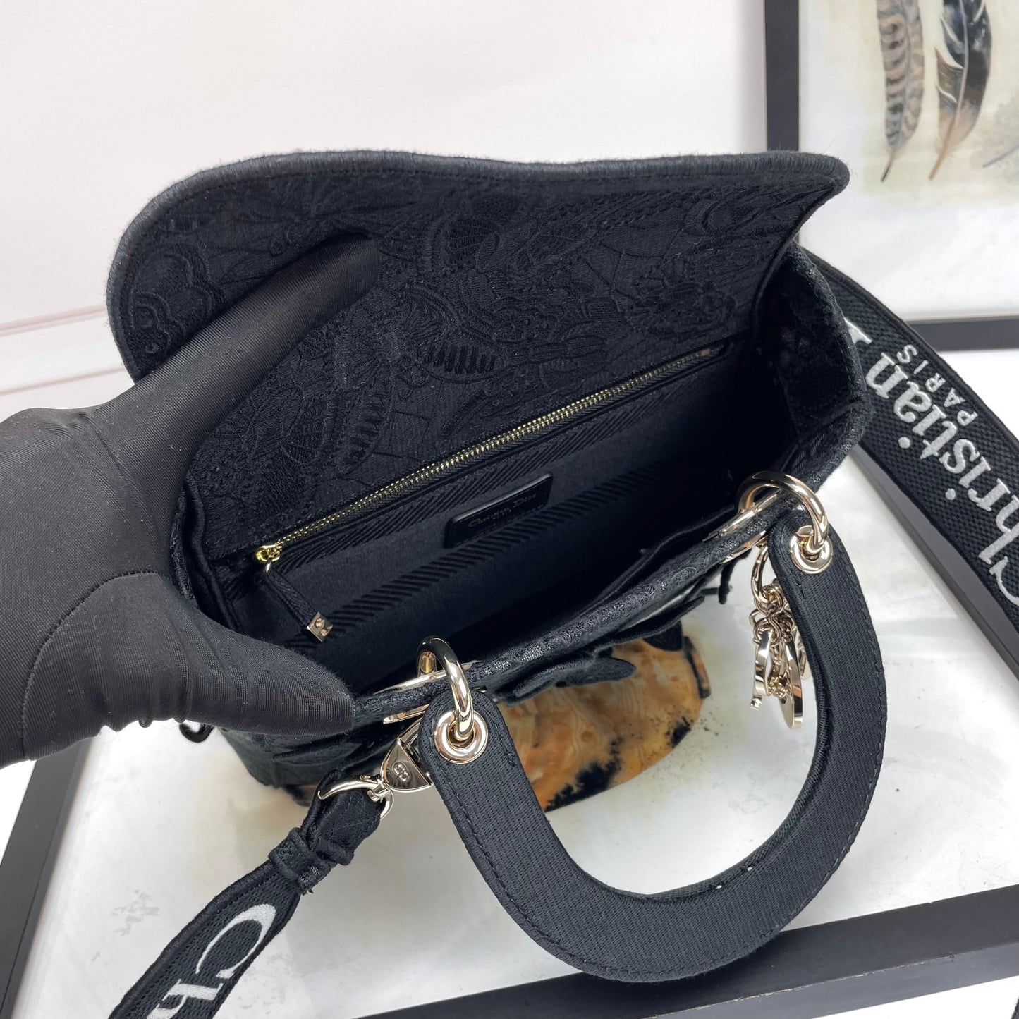 Christian Dior Lady Lite Black Floral Embroidered Handbag