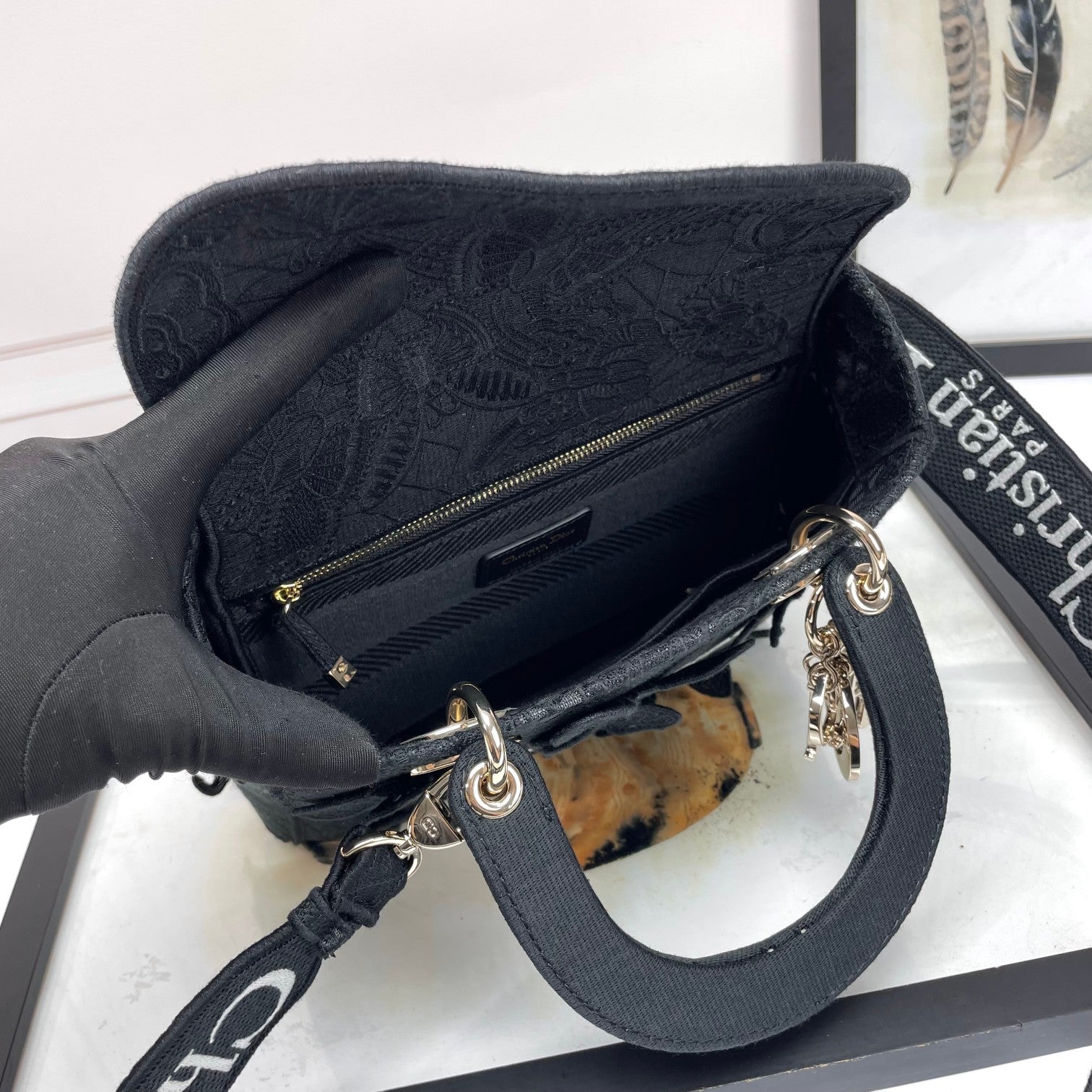 Christian Dior Lady Lite Black Floral Embroidered Handbag