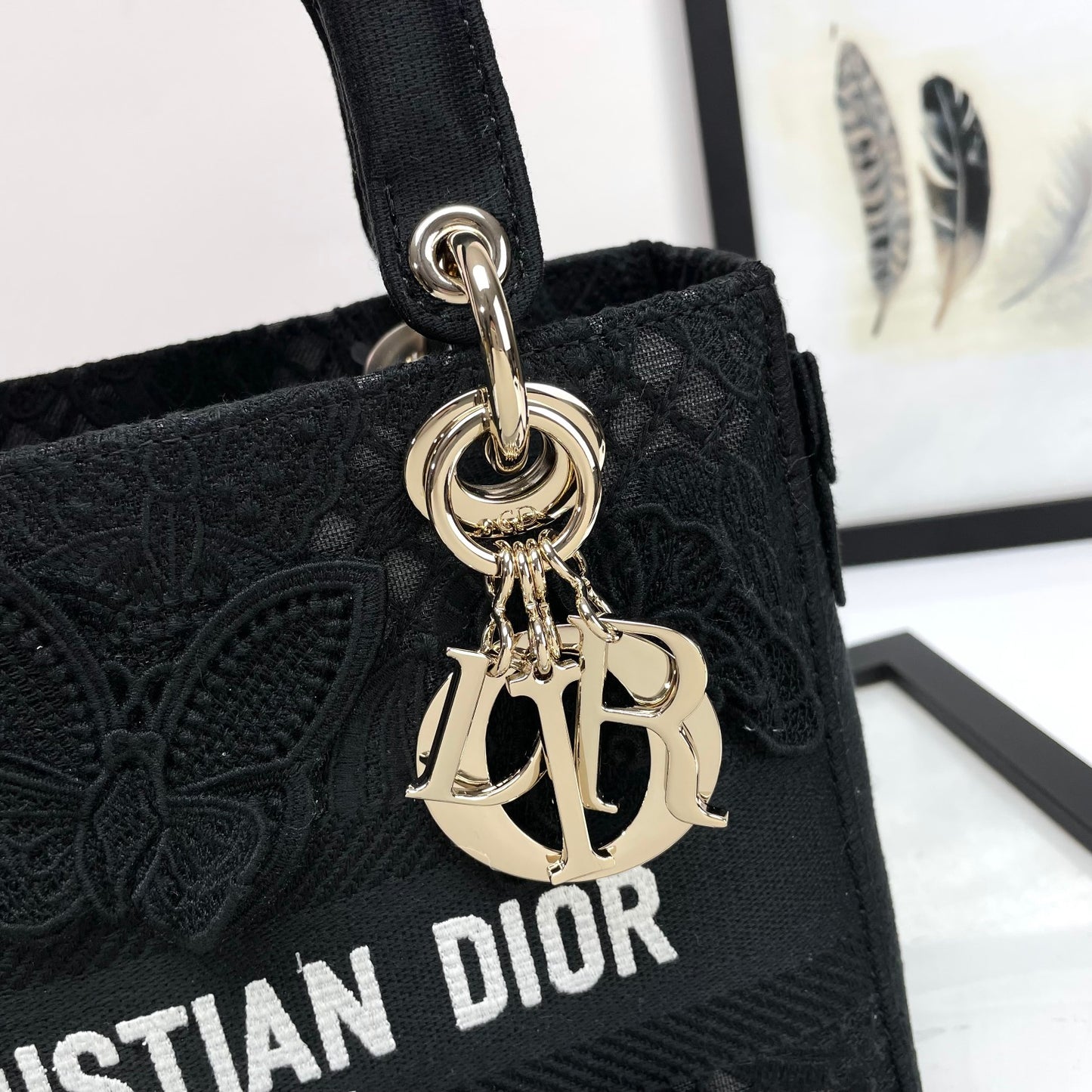 Christian Dior Lady Lite Black Floral Embroidered Handbag