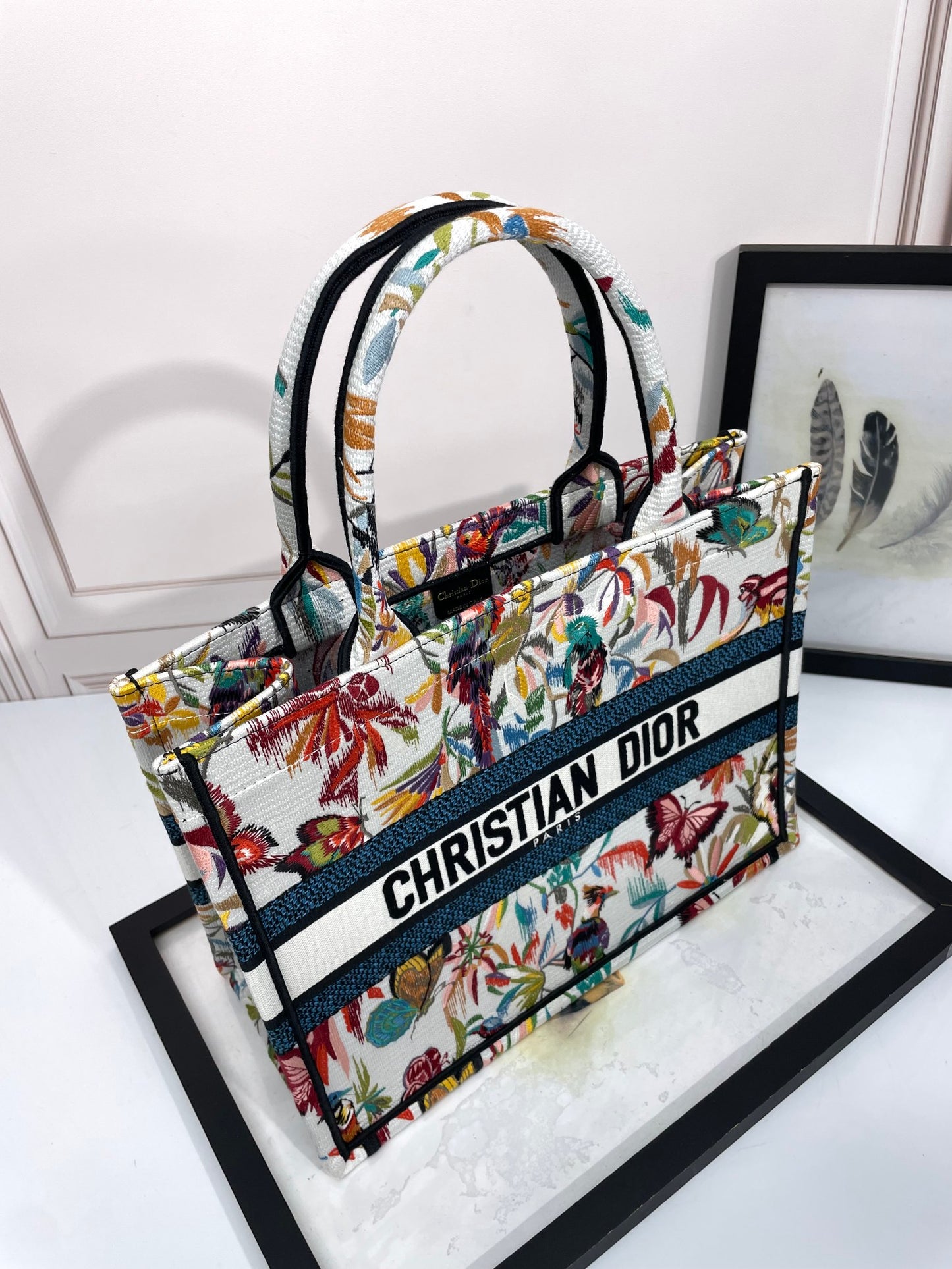 Dior Colorful Embroidered Floral Butterfly Canvas Tote Bag for Women