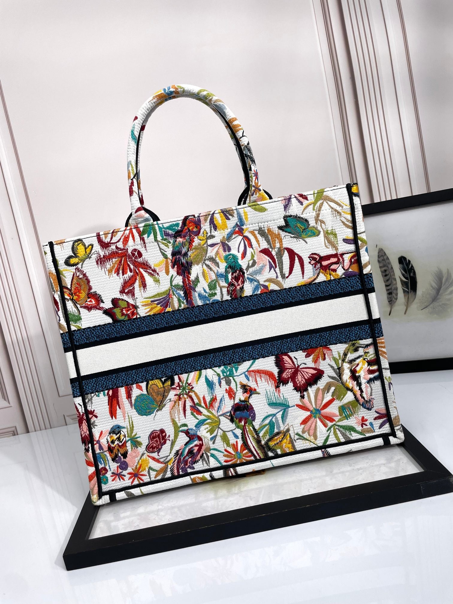 Christian Dior Book Tote Multicolor Butterfly Floral Embroidery Canvas Bag
