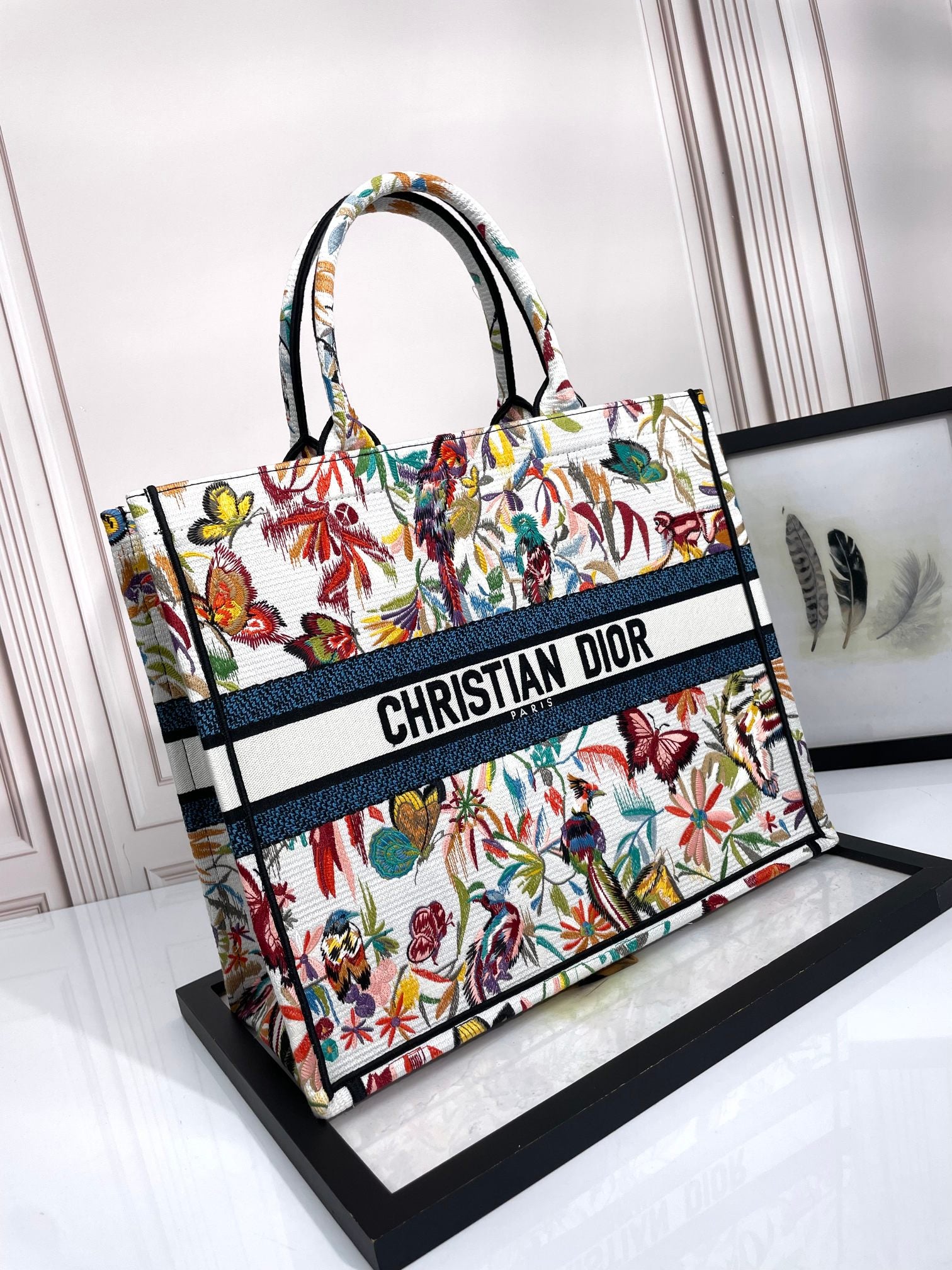 Christian Dior Book Tote Multicolor Butterfly Floral Embroidery Canvas Bag
