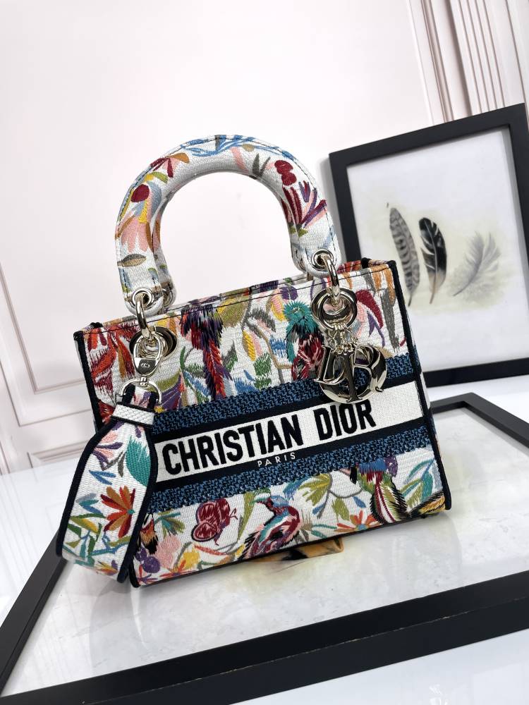 Christian Dior Lady D-Lite Medium Floral Embroidered Canvas Handbag
