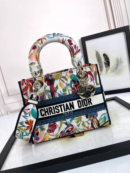 Christian Dior Lady D-Lite Medium Floral Embroidered Canvas Handbag