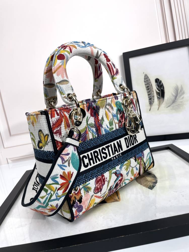 Christian Dior Lady D-Lite Medium Floral Embroidered Canvas Handbag