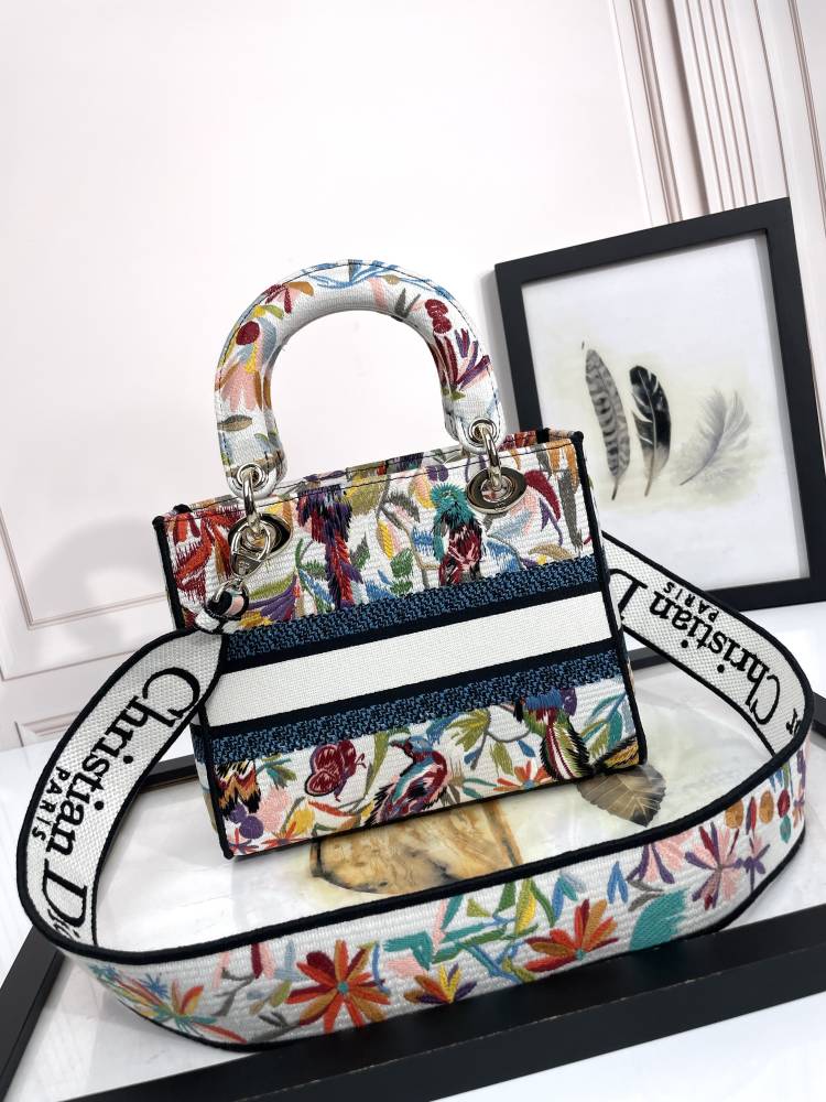 Christian Dior Lady D-Lite Bag Embroidered Floral Bird Pattern White Multicolor