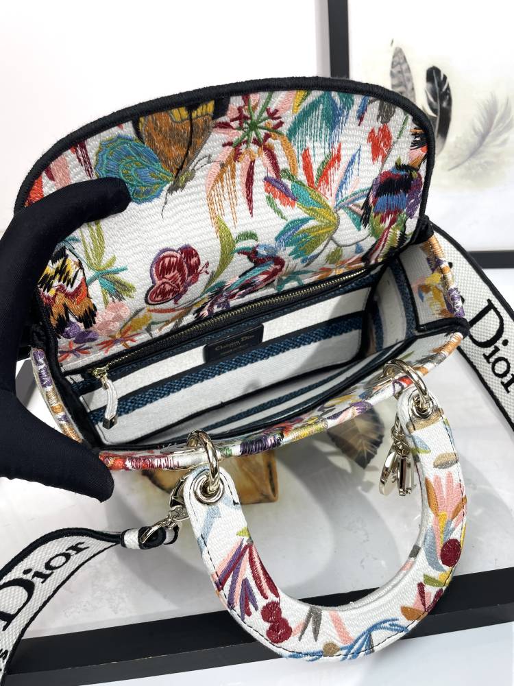 Christian Dior Lady D-Lite Bag Embroidered Floral Bird Pattern White Multicolor