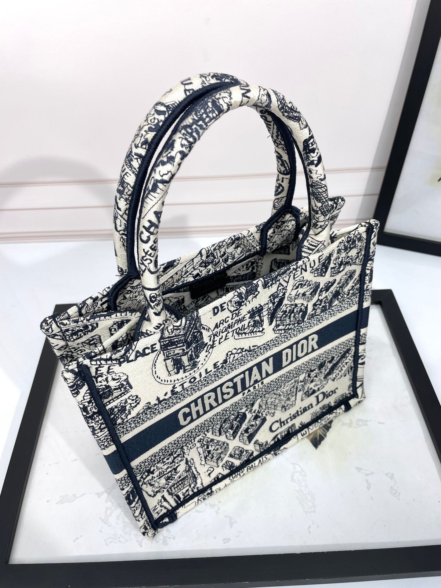 Christian Dior Medium Book Tote Bag - Black and White Plan de Paris Embroidery