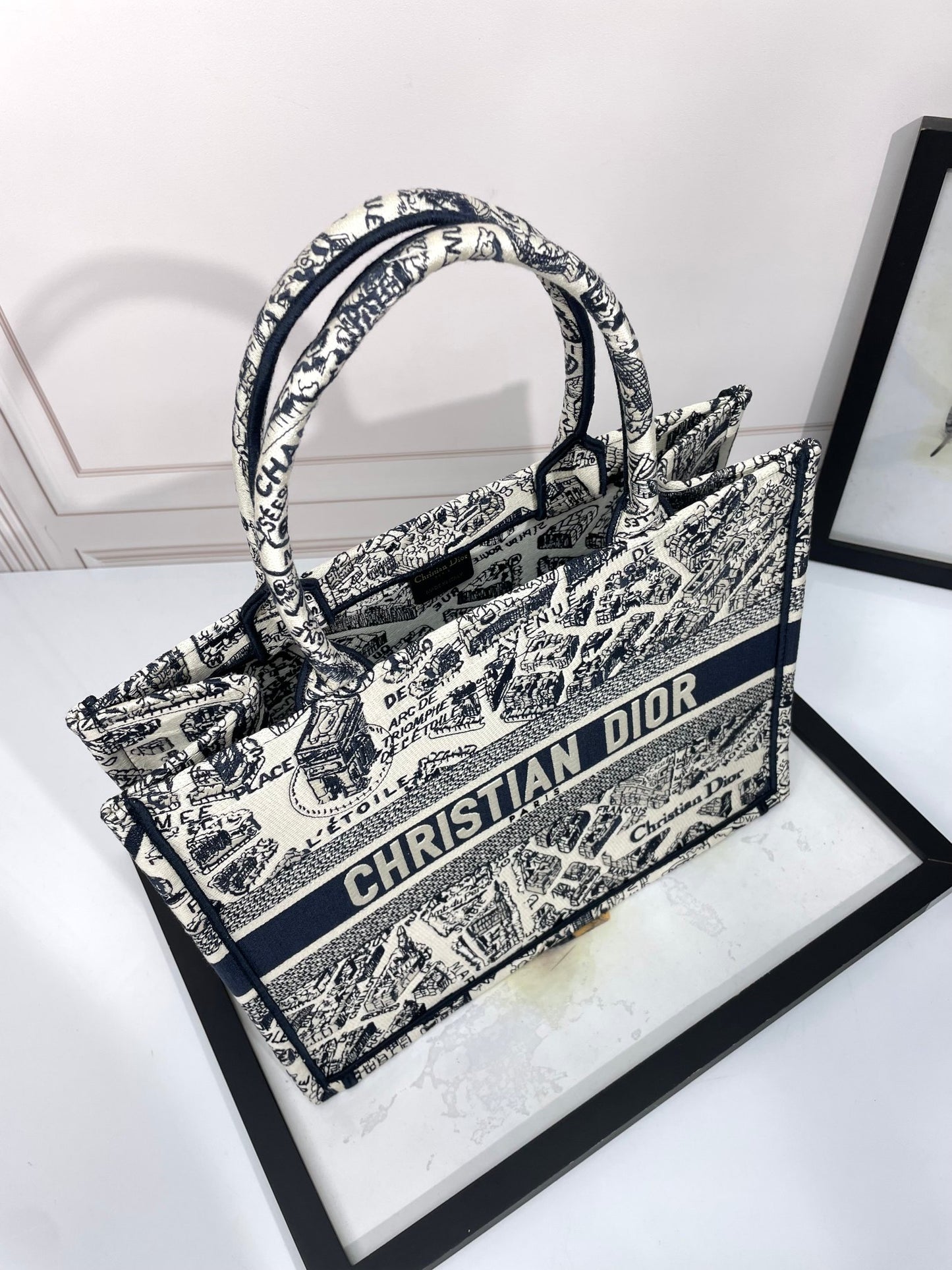 Christian Dior Large Book Tote - White and Black Plan de Paris Embroidery