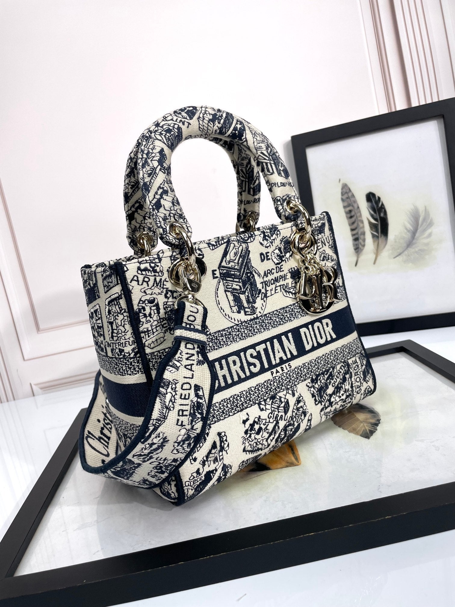 Christian Dior Lady D-Lite Bag Toile de Jouy Embroidery - Navy Blue & White