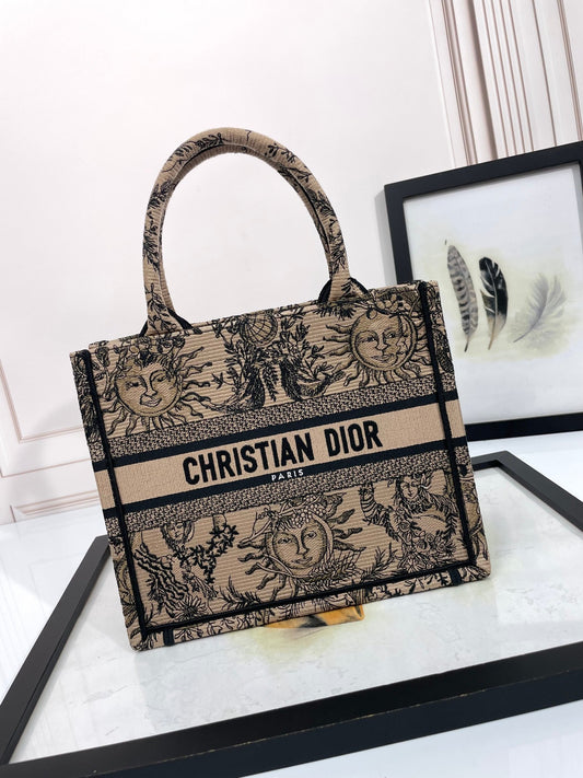 Christian Dior Medium Book Tote Bag with Sun and Moon Embroidery - Beige and Black