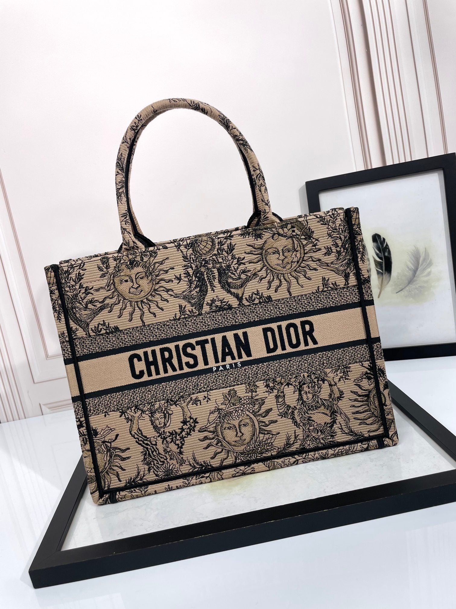 Christian Dior Medium Book Tote - Beige and Black Sun Motif Embroidered Canvas