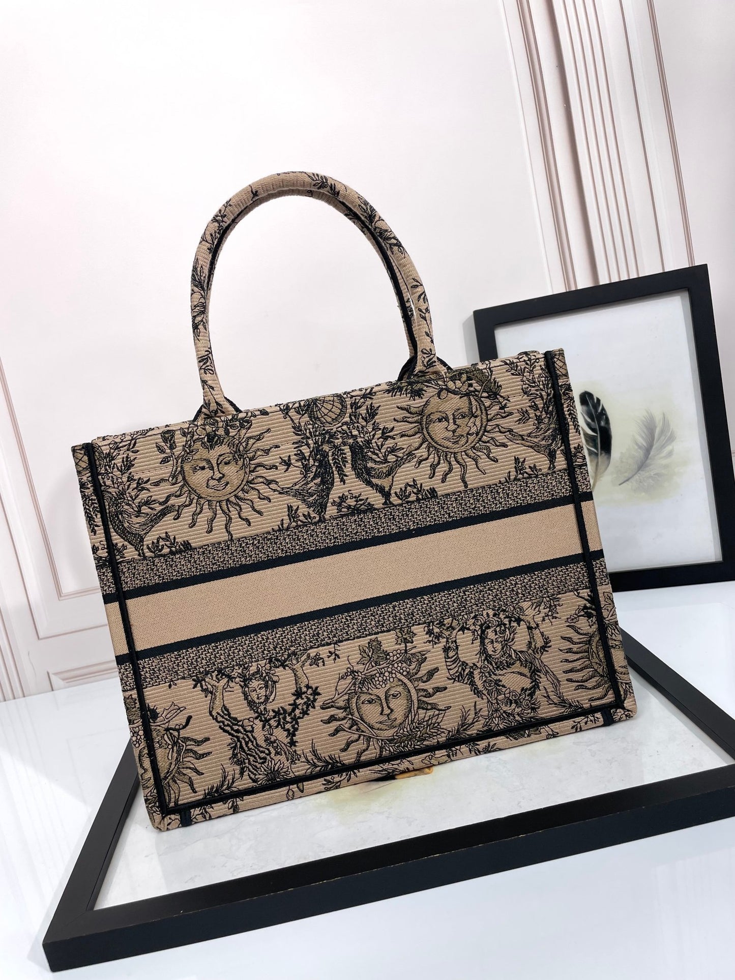 Christian Dior Medium Book Tote - Beige and Black Sun Motif Embroidered Canvas